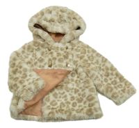 Smetanovo-béžová kožušinová podšitá bunda s leopardím vzorom a kapucňou