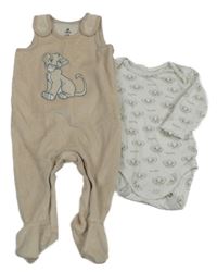 2set - Béžové žebrované sametové dupačky se Simbou + bílé body C&A