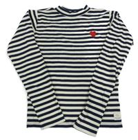 Tmavomodro-béžové pruhované žebrované crop triko s výšivkou