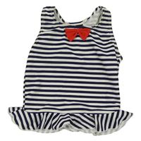 Tmavomodro-biely pruhovaný plavkový top s mašlou