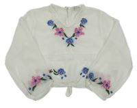 Smetanová šifonová průhledná crop halenka s výšivkami květin River Island