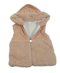 Svetloružová sametová/kožešinová zateplená vesta s kapucňou