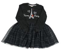 Černé šaty s nápisem a tylovou kostkovanou sukní 