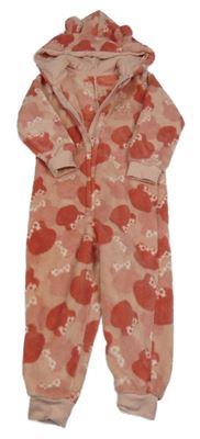 Růžová vzorovaná chlupatá kombinéza s medvědy a kapucí George