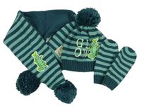 3set - Zelená pruhovaná čapica s brmbolcom a broukem + rukavice + šál