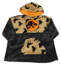 Béžovo-antracitová plyšová oversize mikina s diny a kapucí - Jurský svět 