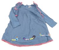 Modré šaty s volánky a ptáčky 