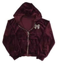 Mahagónovoá plyšová prepínaci crop mikina s mašlou a kapucňou Nutmeg