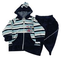 2set - Modro-bílo-tmavomodrá pruhovaná sametová propínací mikina s medvídkem a kapucí + tepláky 