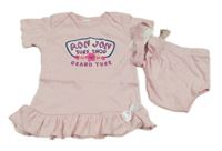 Nové - 3set - Světlerůžová tunika s nápisem + kraťasy + světlerůžová čelenka s mašlí 