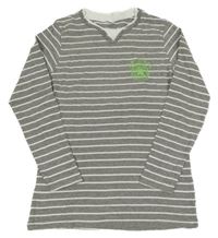 Šedo-bílé pruhované triko s nápisy 