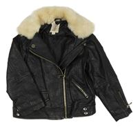 Černý koženkový křivák s kožešinovým límcem River Island