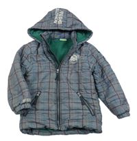 Tmavomodro-bílo-hnědá kostkovaná šusťáková zimní bunda s potiskem a kapucí Topolino