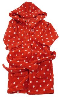 Červený puntíkatý chlupatý župan s kapucí