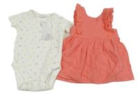 2 set - bílé žebrované body s květinami + růžové šaty s madeirou 