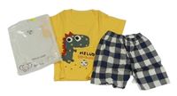 2set - Žluté tričko s dinem + kostkované kraťasy 