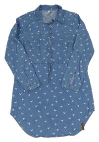 Modré ľahké rifľové šaty s vtáčky Yigga