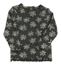 Tmavošedé žebrované triko s kytičkami Tu