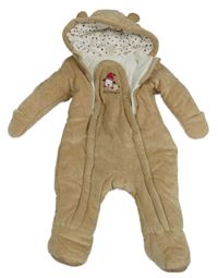 Béžová zamatová zateplená kombinéza s psíkom a kapucňou