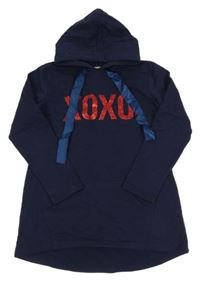 Tmavomodrá dlhá mikina s nápisom a kapucňou