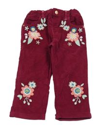 Červené sametové manšestrové kalhoty s kytičkami Smile