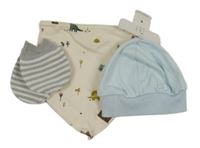 Nové - 3set - Světlemodrá bavlněná čepice + béžový slinták + pruhované pletené rukavice