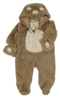 Hnedo-smotanová kožušinová podšitá kombinéza s kapucí - medvěď Next