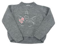 Tmavosivý melírovaný crop sveter s jednorožcom PRIMARK