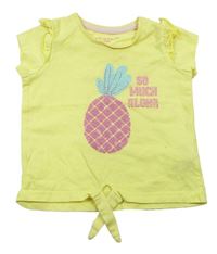 Žlté tričko s ananasom s flitrami a nápismi a volánikmi PRIMARK