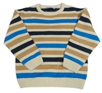 Smetanovo-hnedo-modro-tmavomodrý pruhovaný pletený pletený sveter lupilu