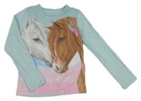 Světlemodro/růžové triko s koníky 