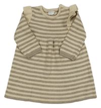 Světlebéžovo-kávové pruhované úpletové šaty s volánky F&F