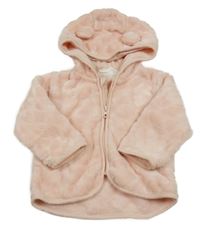 Svetloružová plyšová bunda so srdiečkami a kapucňou s uškami H&M