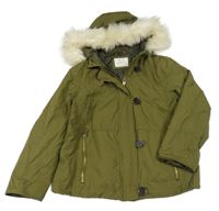 Khaki šusťáková přechodová bunda s kapucí s kožešinou Zara