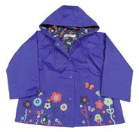 Tmavofialová šušťáková jarná bunda s kvietkami a motýlikmi a kapucňou