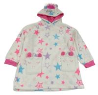 Bílo-křiklavě růžová plyšová oversize mikina s hvězdičkami a jednorožci/kapsami a kapucí PRIMARK