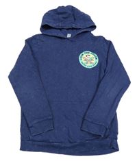 Tmavomodrá šisovaná mikina s potlačou a vreckom a kapucňou Tu