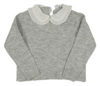 Sivý melírovaný oversize sveter s bielým golierikom s madeirou PRIMARK