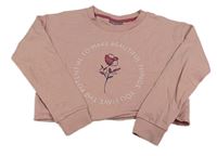 Staroružová crop mikina s kvetinou a nápisom