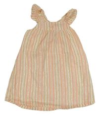 Bielo-ružovo-zlaté pruhované ľahké šaty s volánikmi zn. Primark