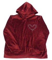 Vínová plyšová mikina so srdcem z kamínků a kapucňou