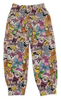 Růžovo-barevné plyšové pyžamové kalhoty s vánočním motivem