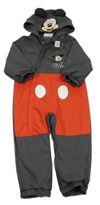 Nové - Antracitovo-červená nepromokavá lehce zateplená kombinéza s kapucí - Mickey Primark