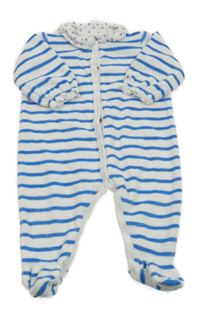 Bielo-modrý pruhovaný zamatový overal s golierikom Petit Bateau