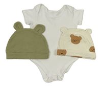 3 set - biele body + khaki rebrovaná čepice + smotanová čapica s medveďmi