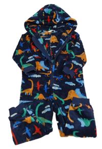 Tmavomodro-farebná plyšová kombinéza s dinosaurami a kapucňou M&S