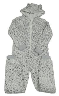 Bielo-sivá plyšová leopardí kombinéza s kapucňou F&F