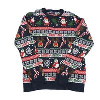 Tmavomodro-červeno-zelený vzorovaný vianočný sveter Next