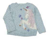 Svetlomodrý chlpatý sveter s jednorožcom Monsoon