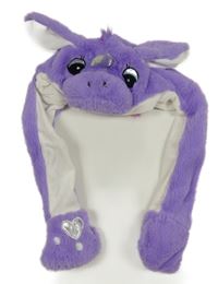 Fialová chlupatá čepice s ušima - jednorožec 